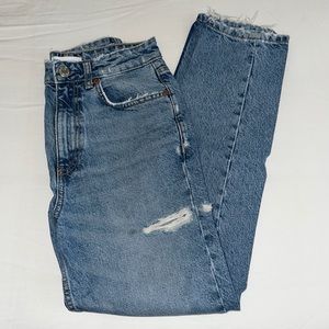 Zara Medium Wash High Rise Straight Ripped Denim Jeans Pants